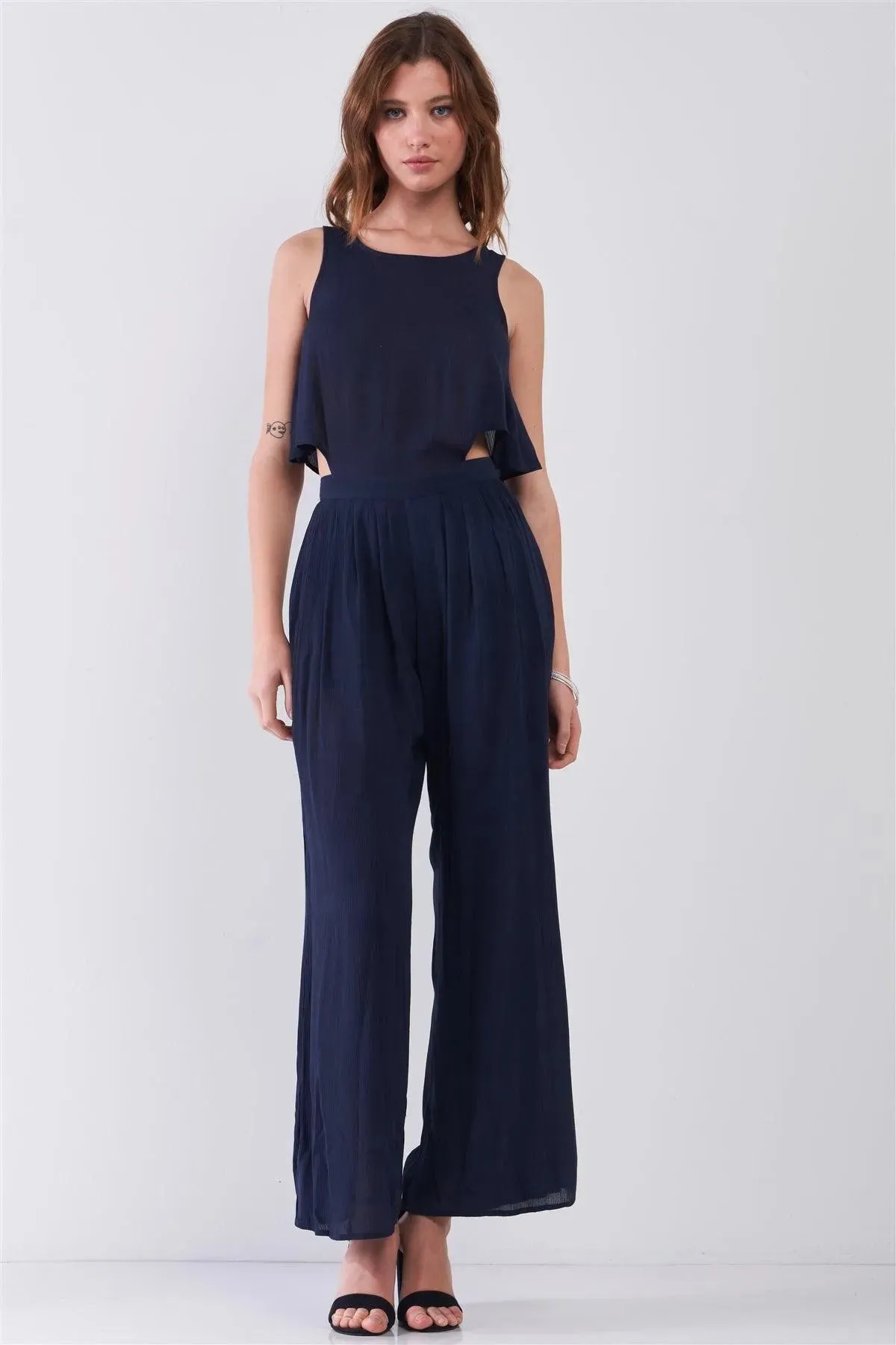 Navy Sleeveless Round Neck Wide Leg Flare Top Button Down Back Jumpsuit /3-3