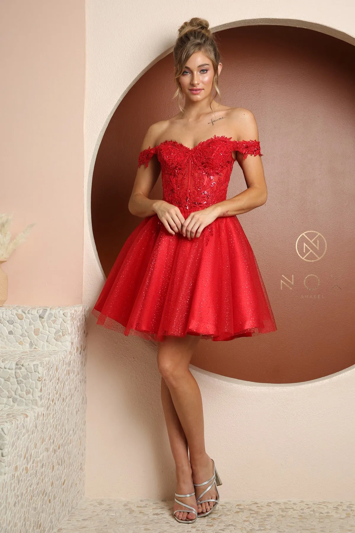 Nox Anabel F731 Size 10 Red Short A Line Sheer Beaded Lace Corset Cocktail Dress Off the Shoulder Gown