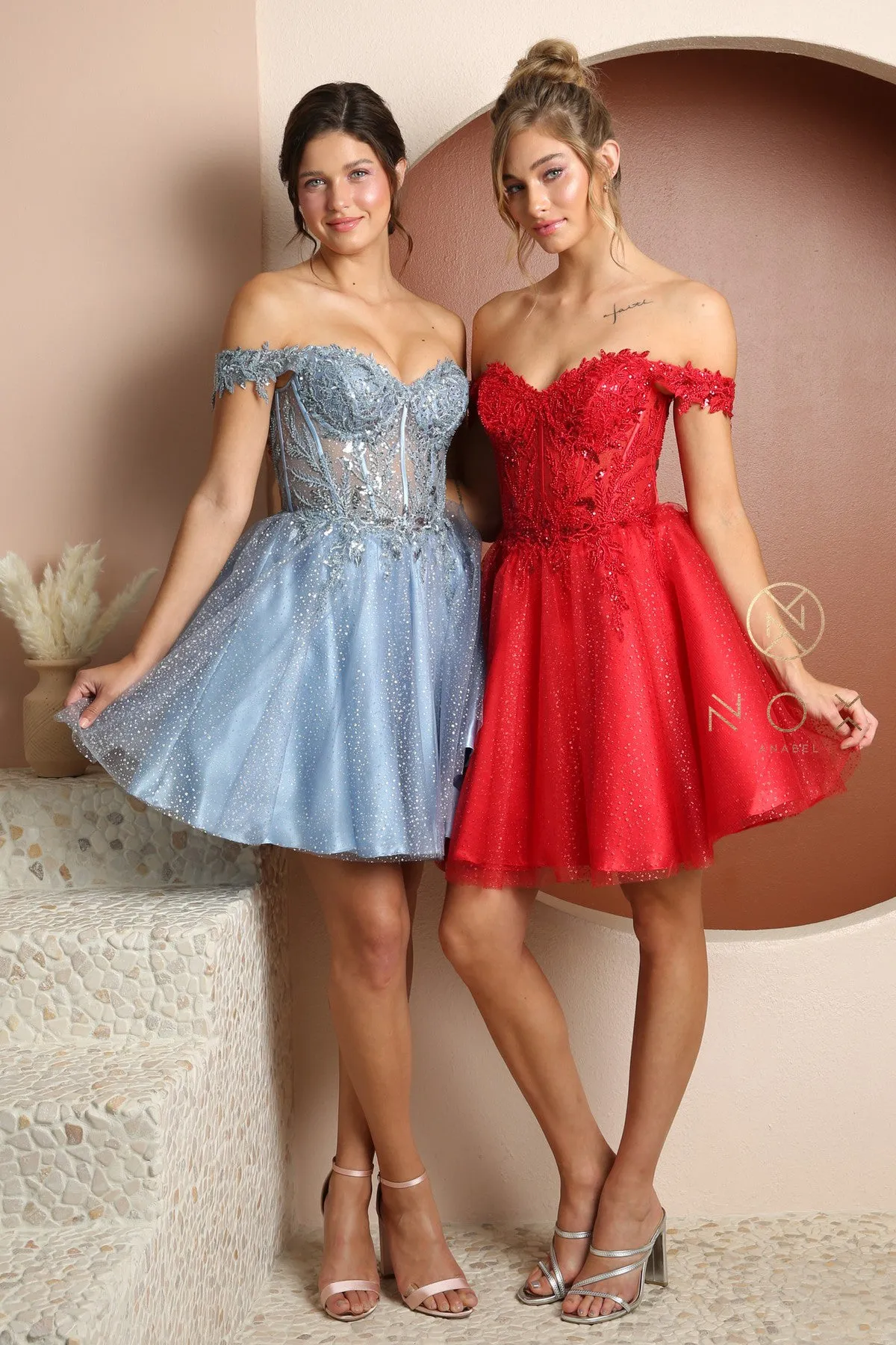 Nox Anabel F731 Size 10 Red Short A Line Sheer Beaded Lace Corset Cocktail Dress Off the Shoulder Gown