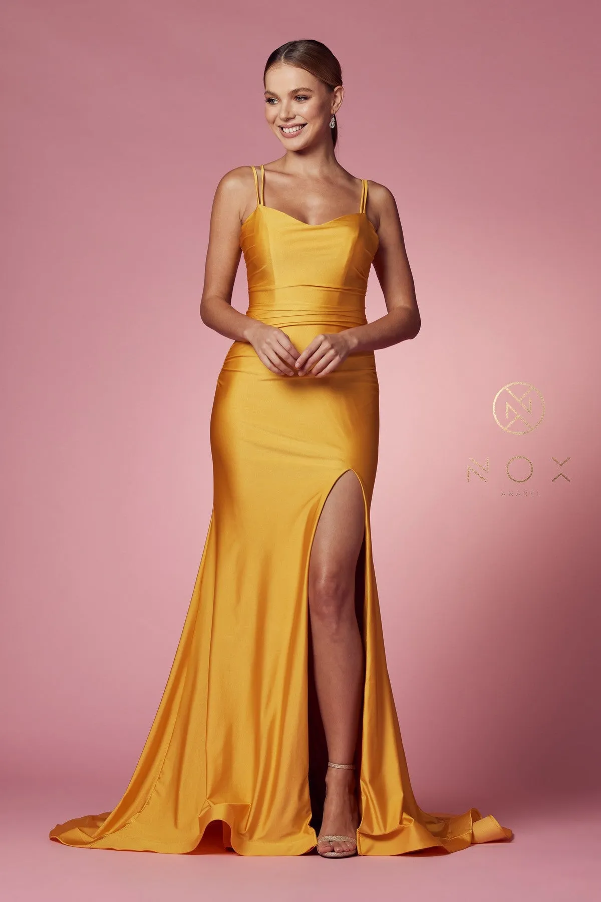 Nox Anabel T481 Size 12 Iris Long Fitted Jersey Prom Dress Backless Corset Slit Formal Gown Train