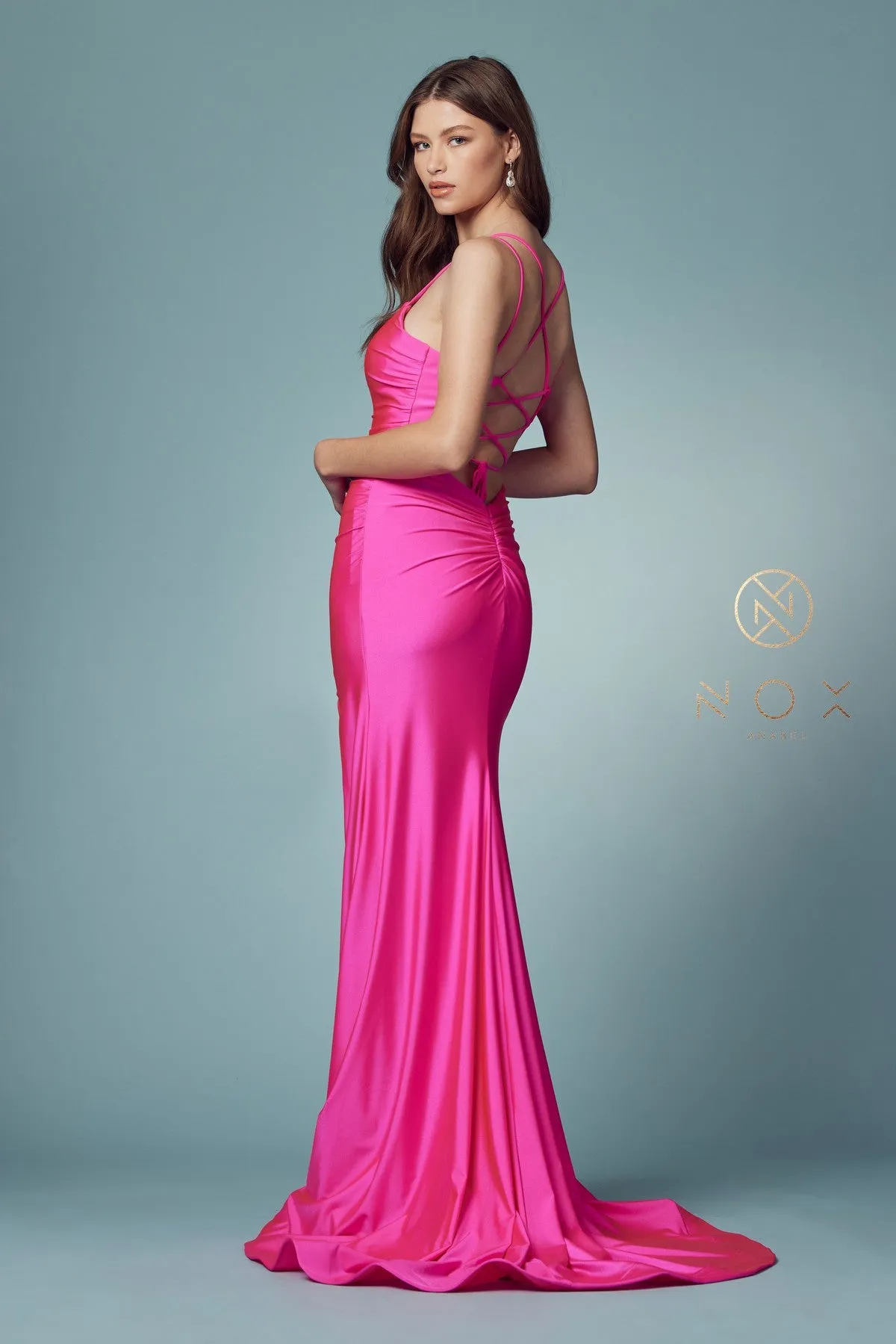 Nox Anabel T481 Size 12 Iris Long Fitted Jersey Prom Dress Backless Corset Slit Formal Gown Train