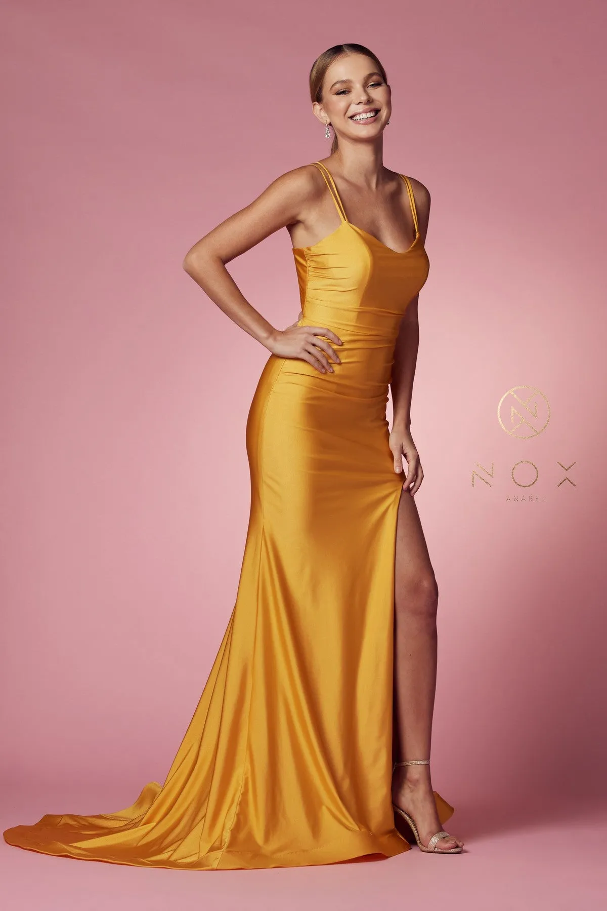 Nox Anabel T481 Size 12 Iris Long Fitted Jersey Prom Dress Backless Corset Slit Formal Gown Train