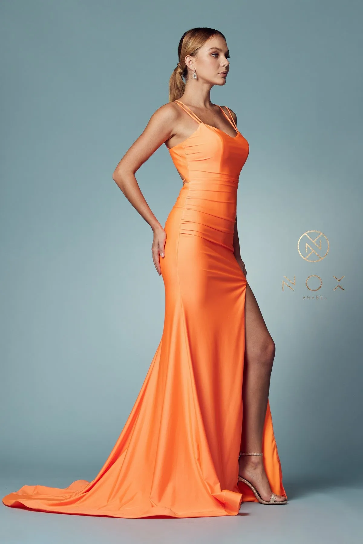 Nox Anabel T481 Size 12 Iris Long Fitted Jersey Prom Dress Backless Corset Slit Formal Gown Train