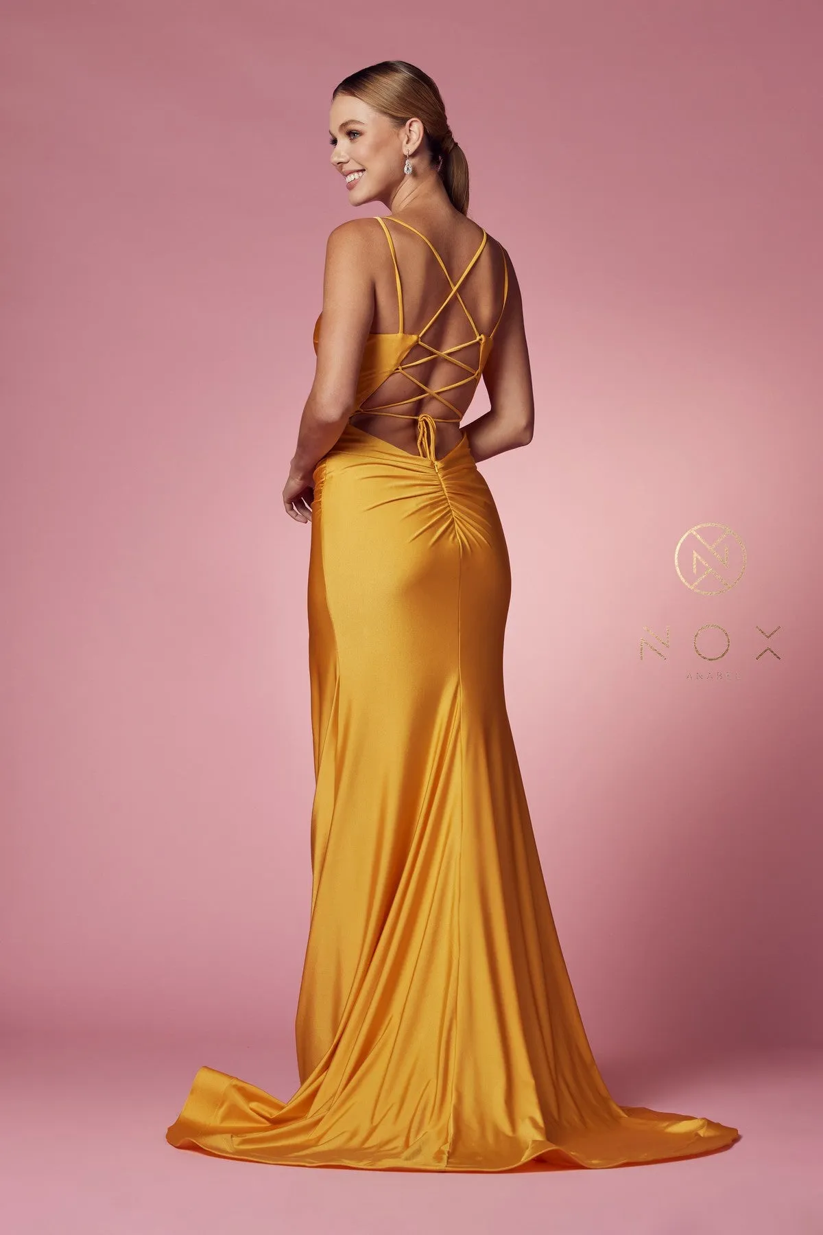 Nox Anabel T481 Size 12 Iris Long Fitted Jersey Prom Dress Backless Corset Slit Formal Gown Train