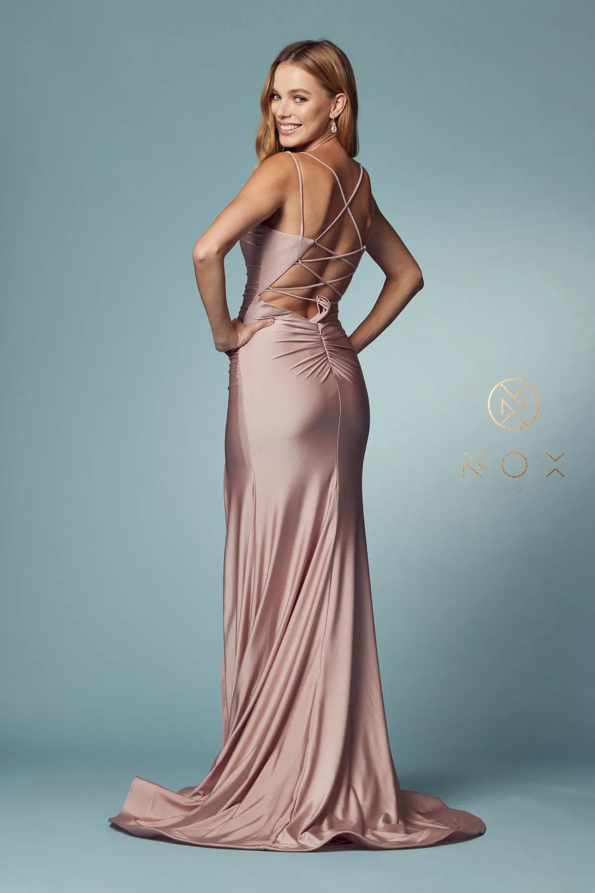 Nox Anabel T481 Size 12 Iris Long Fitted Jersey Prom Dress Backless Corset Slit Formal Gown Train