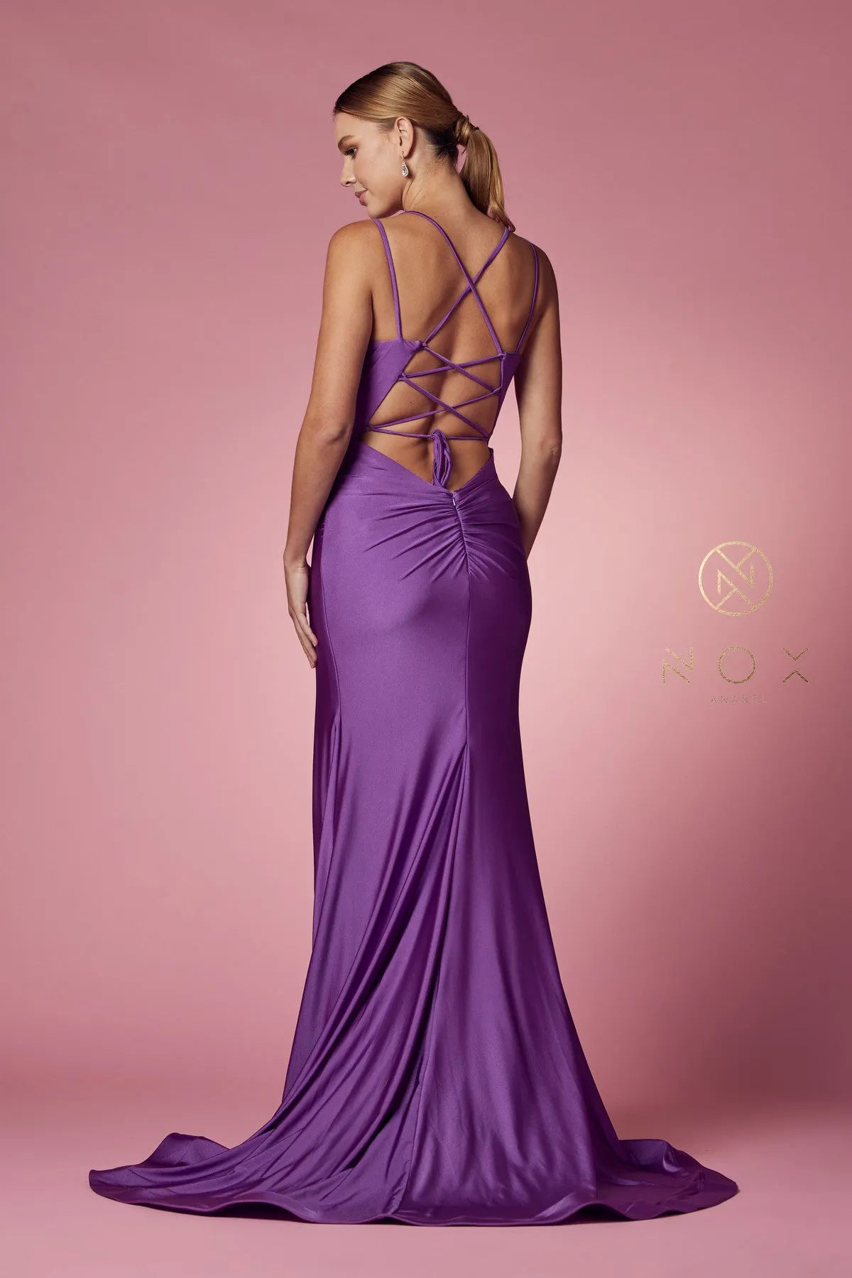 Nox Anabel T481 Size 12 Iris Long Fitted Jersey Prom Dress Backless Corset Slit Formal Gown Train