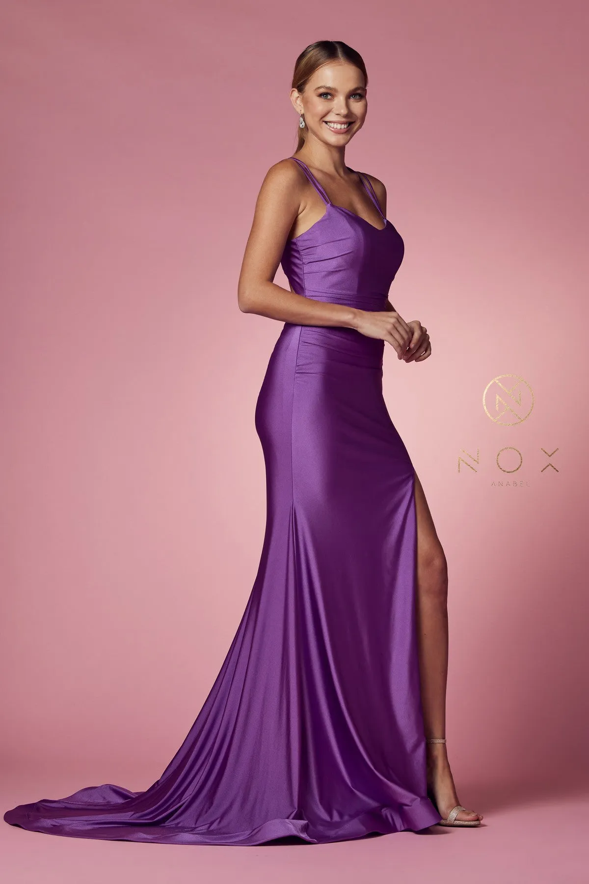 Nox Anabel T481 Size 12 Iris Long Fitted Jersey Prom Dress Backless Corset Slit Formal Gown Train