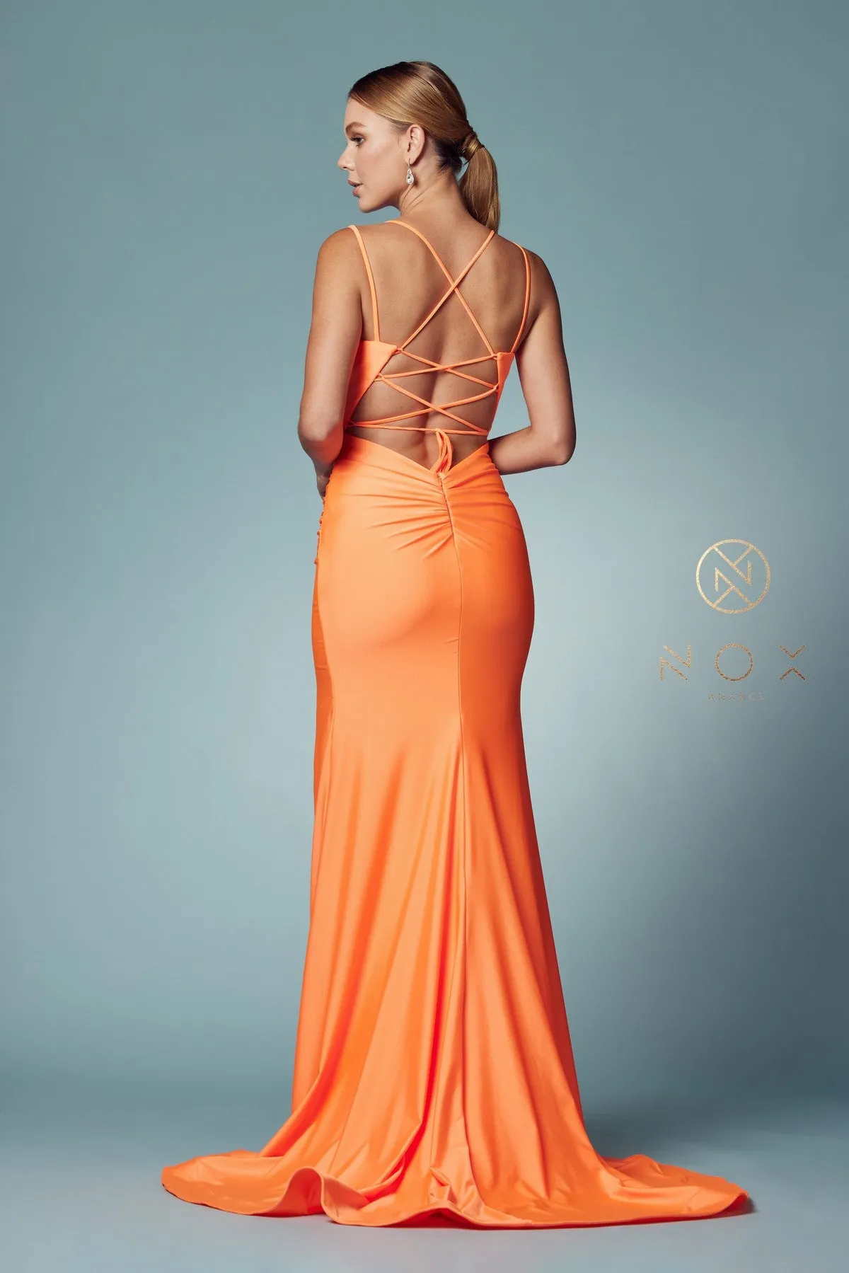 Nox Anabel T481 Size 12 Iris Long Fitted Jersey Prom Dress Backless Corset Slit Formal Gown Train