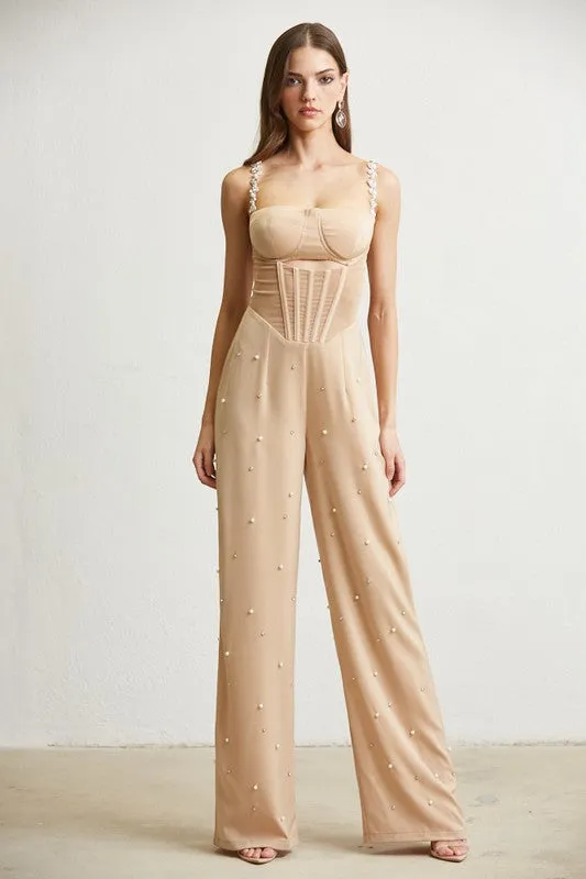Nude Pearl Rhinestone Corset Satin Jumpsuit