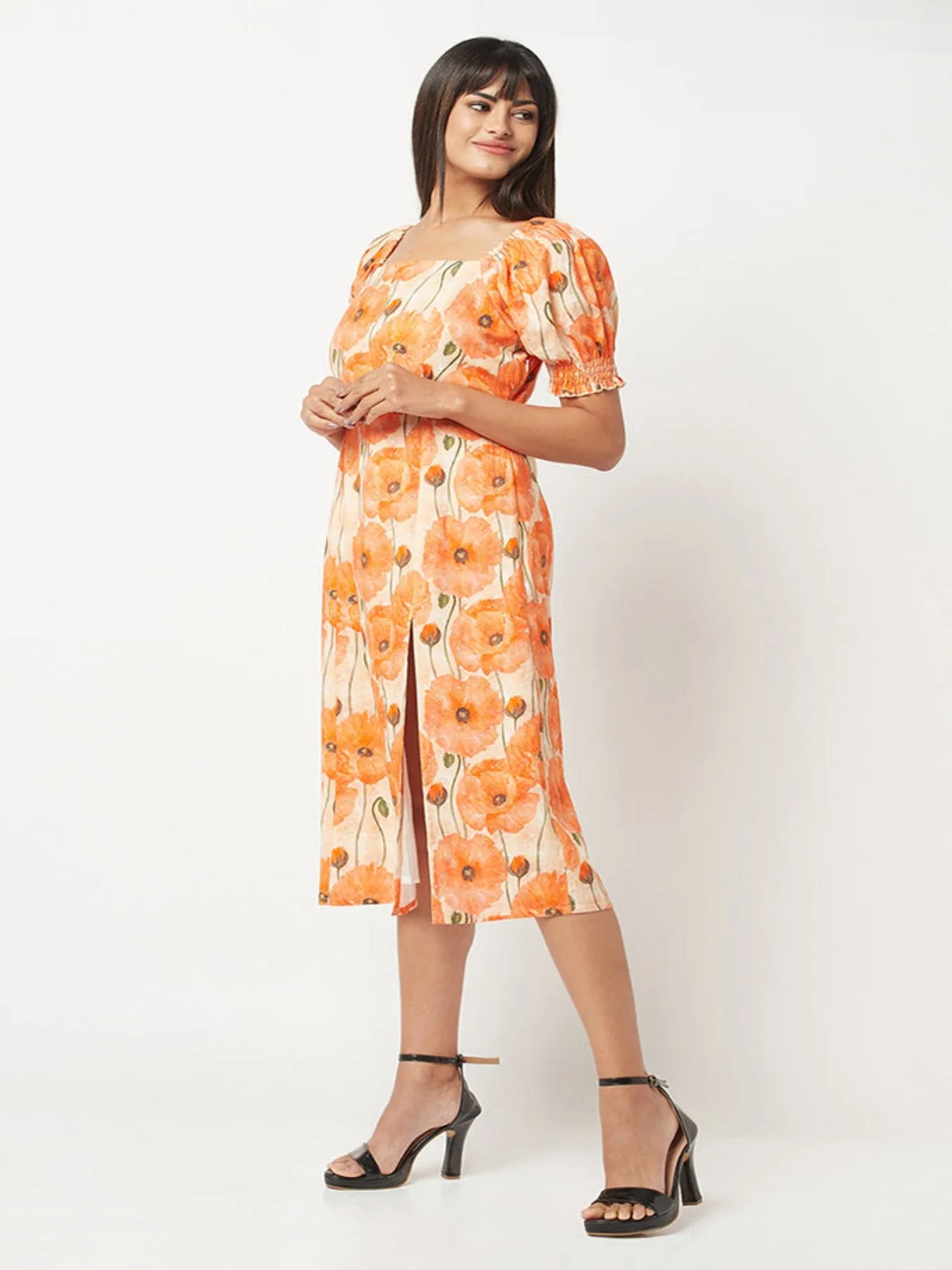 Orange Floral Slit Dress