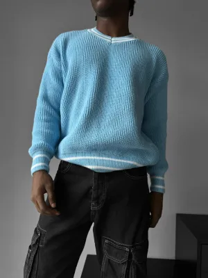 Oversize V Neckline Knit Pullover  - Babyblue