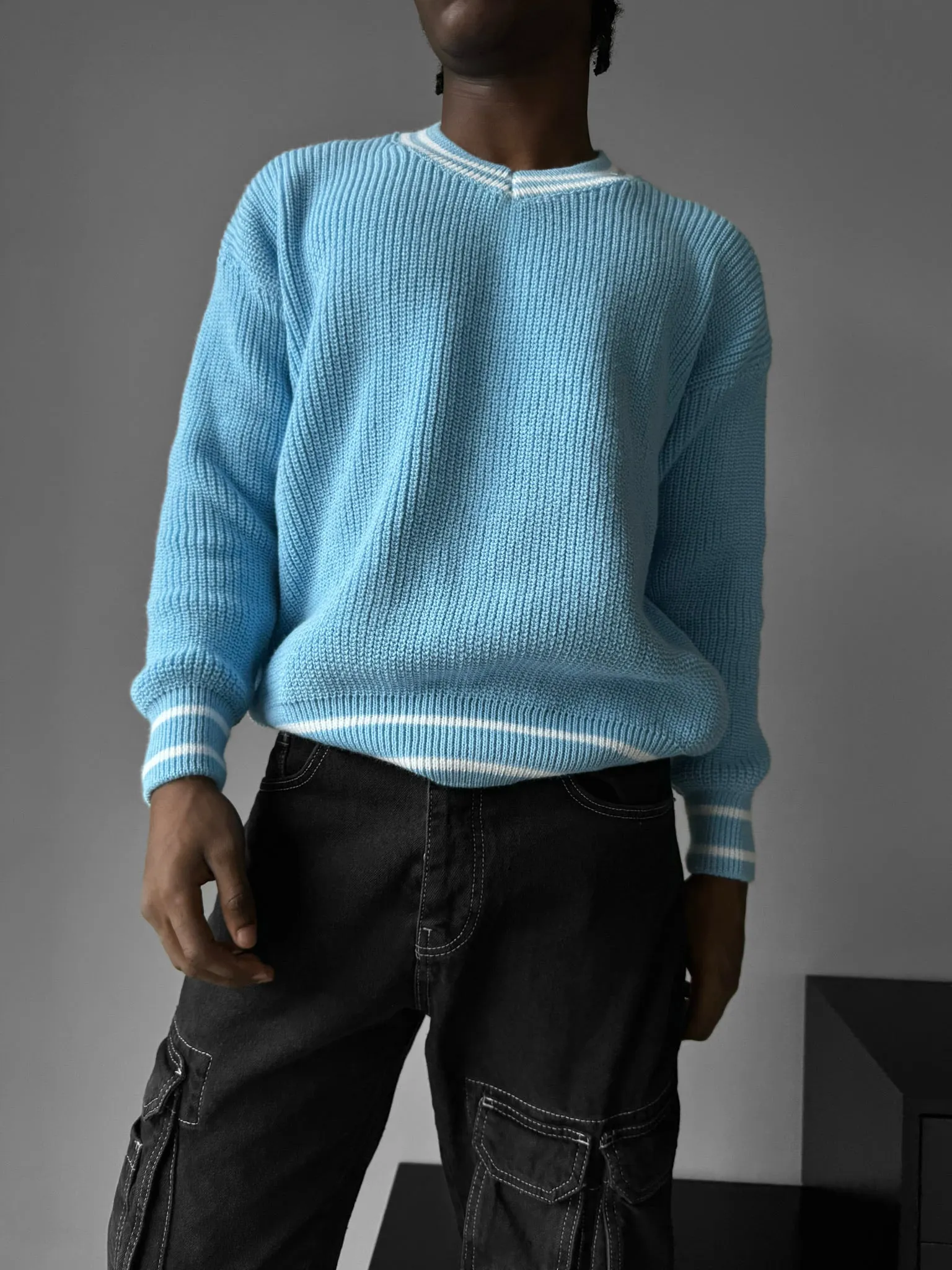 Oversize V Neckline Knit Pullover  - Babyblue