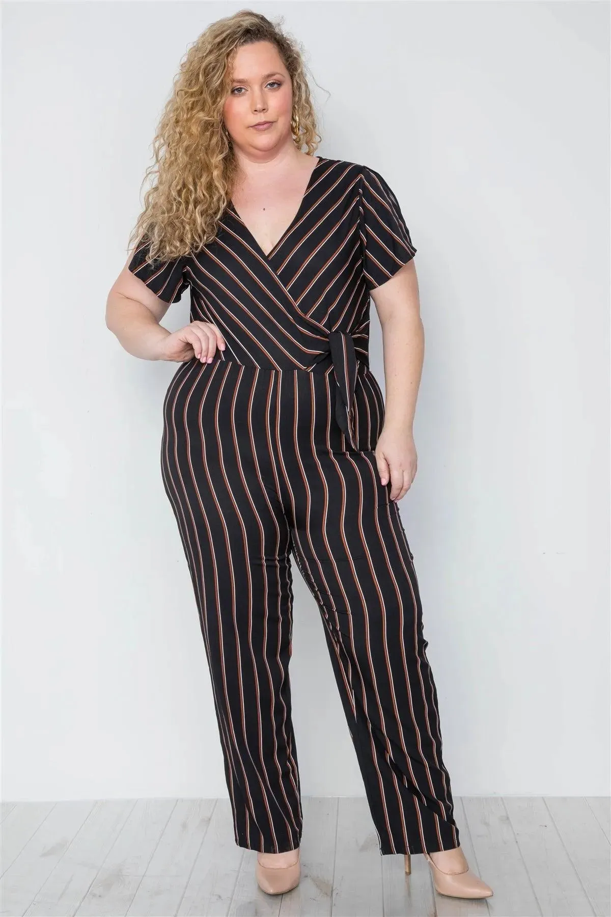 Plus Size Black Stripe Surplice Neckline Short Sleeve Jumpsuit / 2-2-2