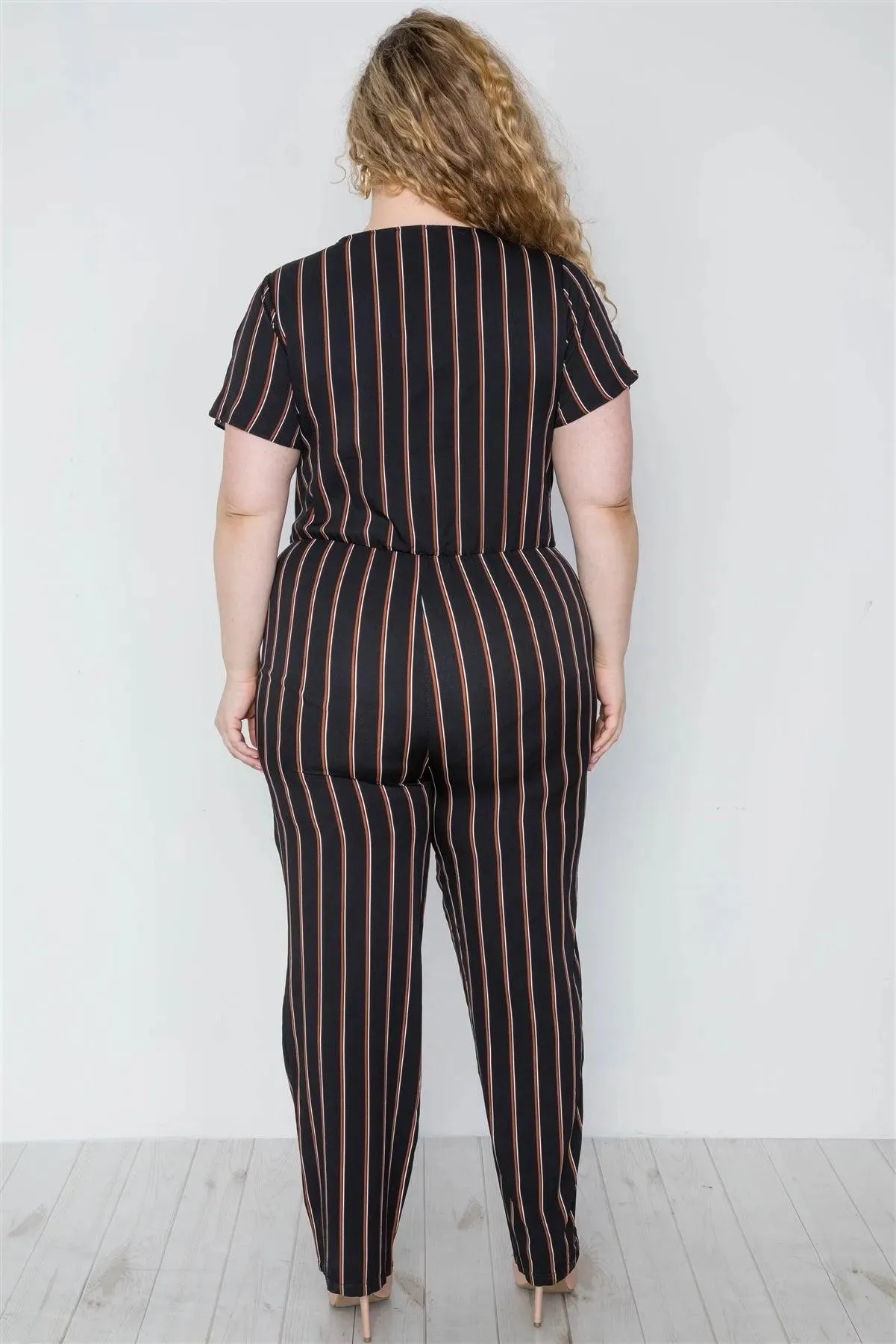Plus Size Black Stripe Surplice Neckline Short Sleeve Jumpsuit / 2-2-2