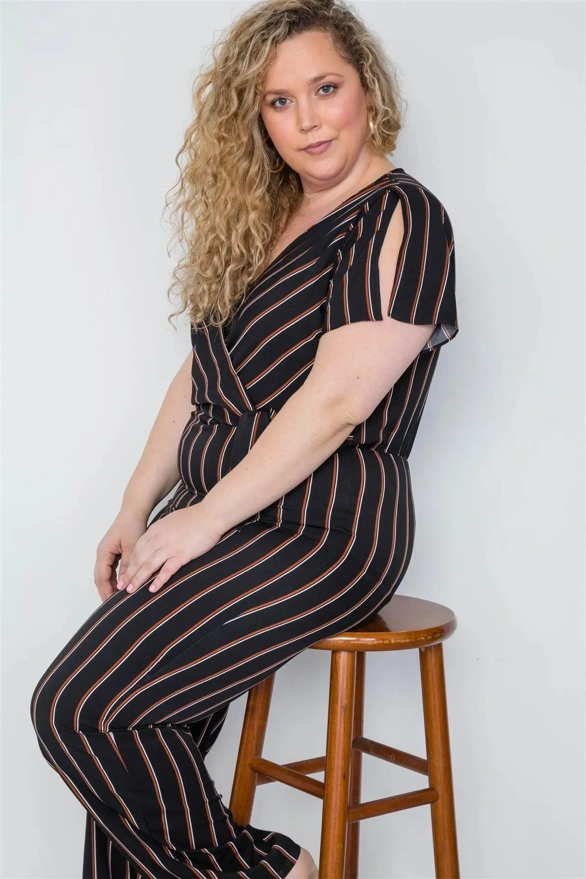 Plus Size Black Stripe Surplice Neckline Short Sleeve Jumpsuit / 2-2-2