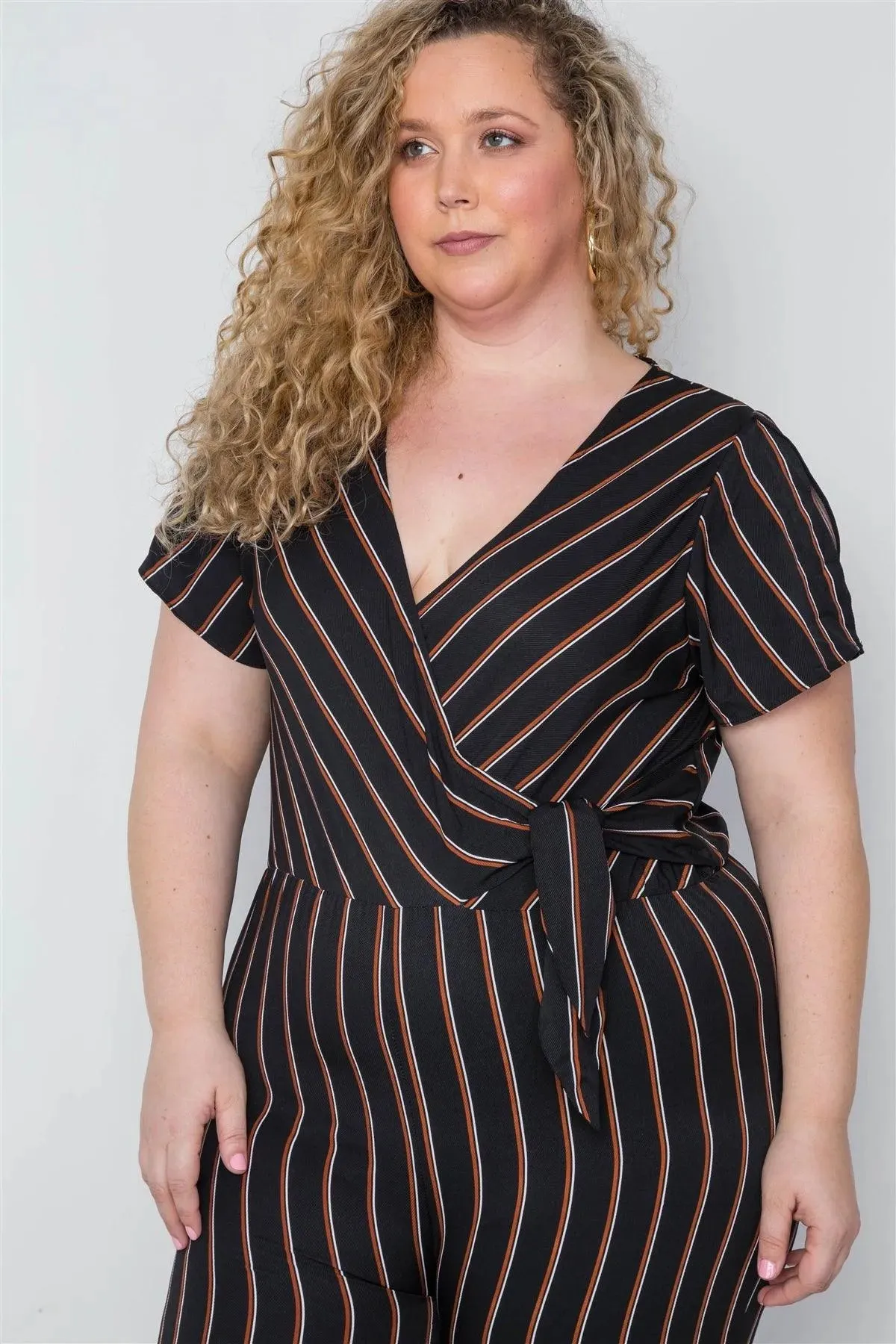 Plus Size Black Stripe Surplice Neckline Short Sleeve Jumpsuit / 2-2-2