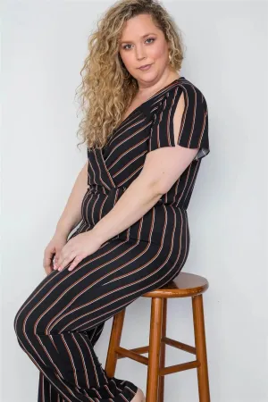 Plus Size Black Stripe Surplice Neckline Short Sleeve Jumpsuit / 2-2-2