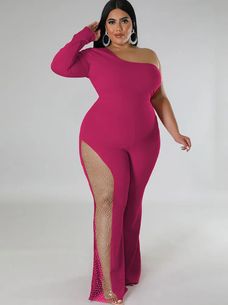 Plus Size One Shoulder Mesh Rhinestone Rompers
