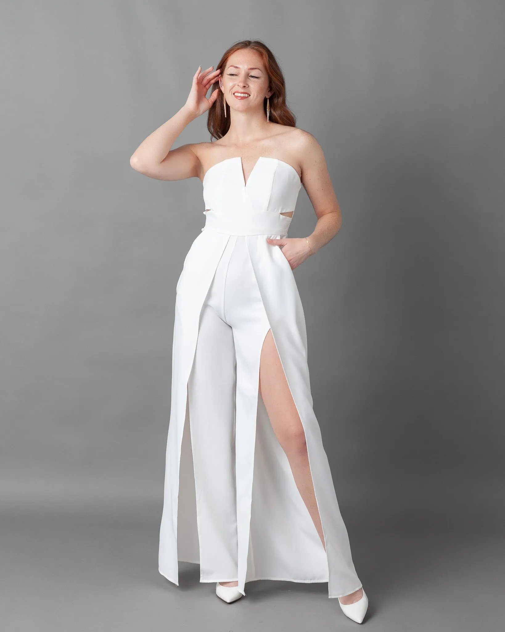 Prague Deep V Strapless Wide leg Jumpsuit