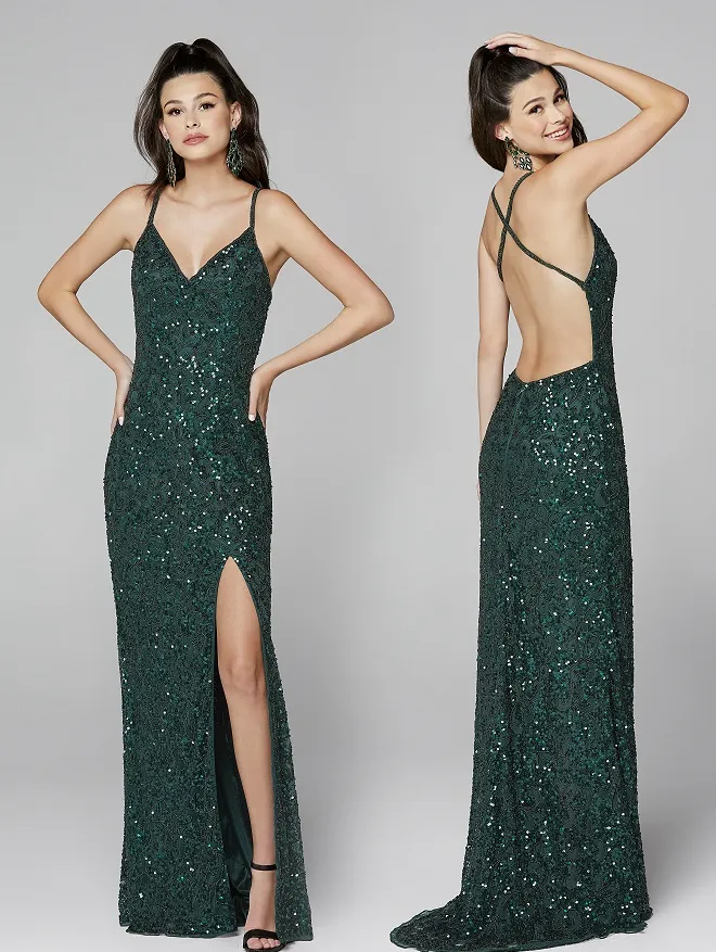 Primavera couture 3295 Sizes 16 Forest Green Prom Dress v neckline sequins backless slit