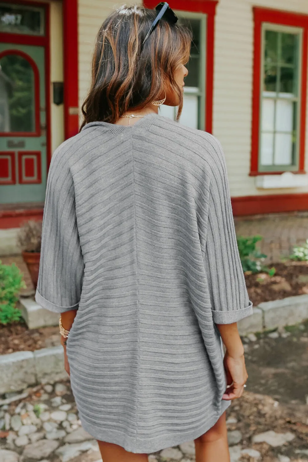 Ribbed Knit Dolman Sleeve Open Front Cardigan