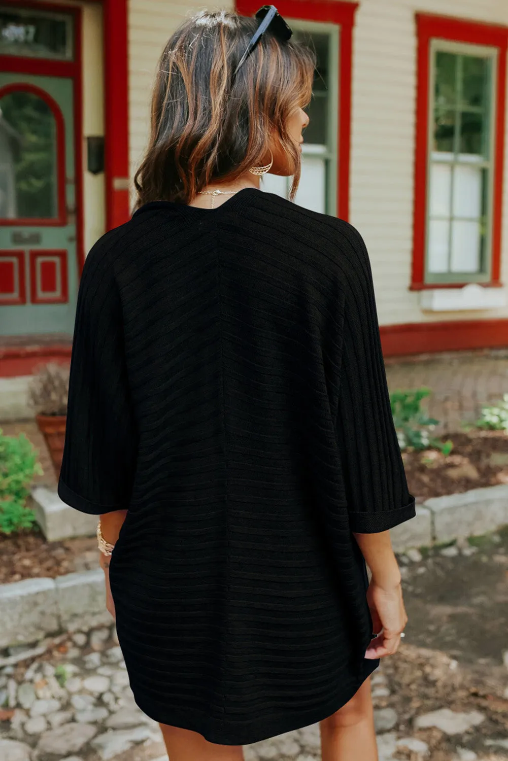 Ribbed Knit Dolman Sleeve Open Front Cardigan