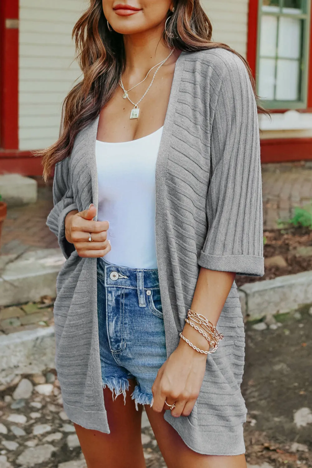 Ribbed Knit Dolman Sleeve Open Front Cardigan