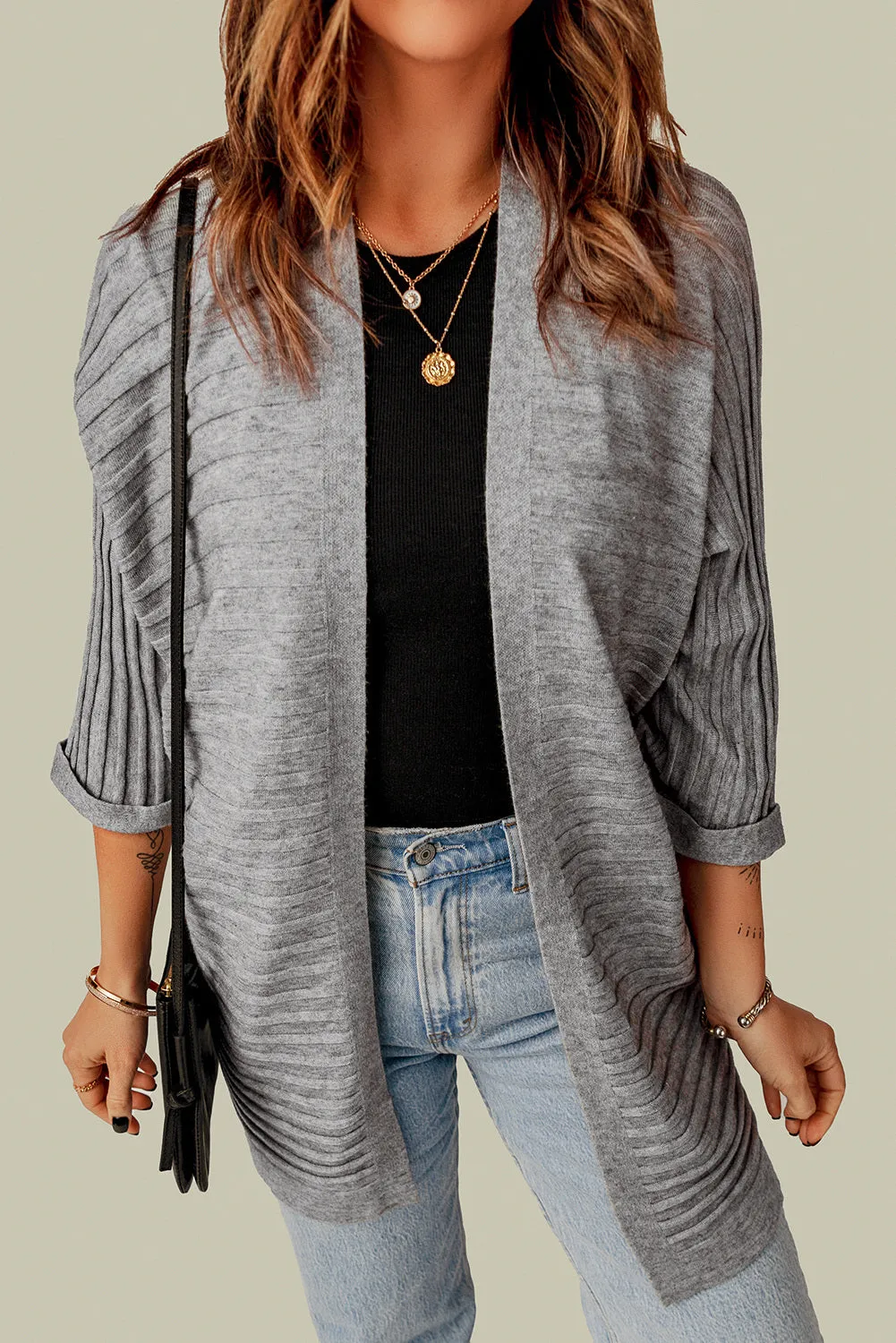 Ribbed Knit Dolman Sleeve Open Front Cardigan