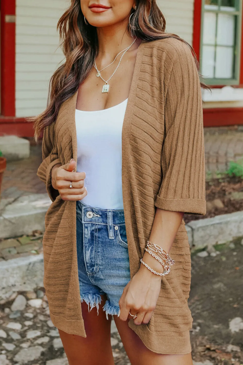Ribbed Knit Dolman Sleeve Open Front Cardigan