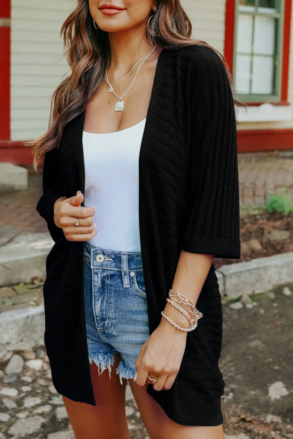 Ribbed Knit Dolman Sleeve Open Front Cardigan