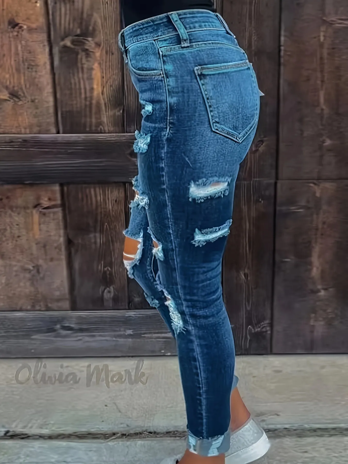 Ripped High Stretch Skinny Jeans, Whiskering Distressed Slash Pocket Denim Pants, Women's Denim Jeans & Clothing