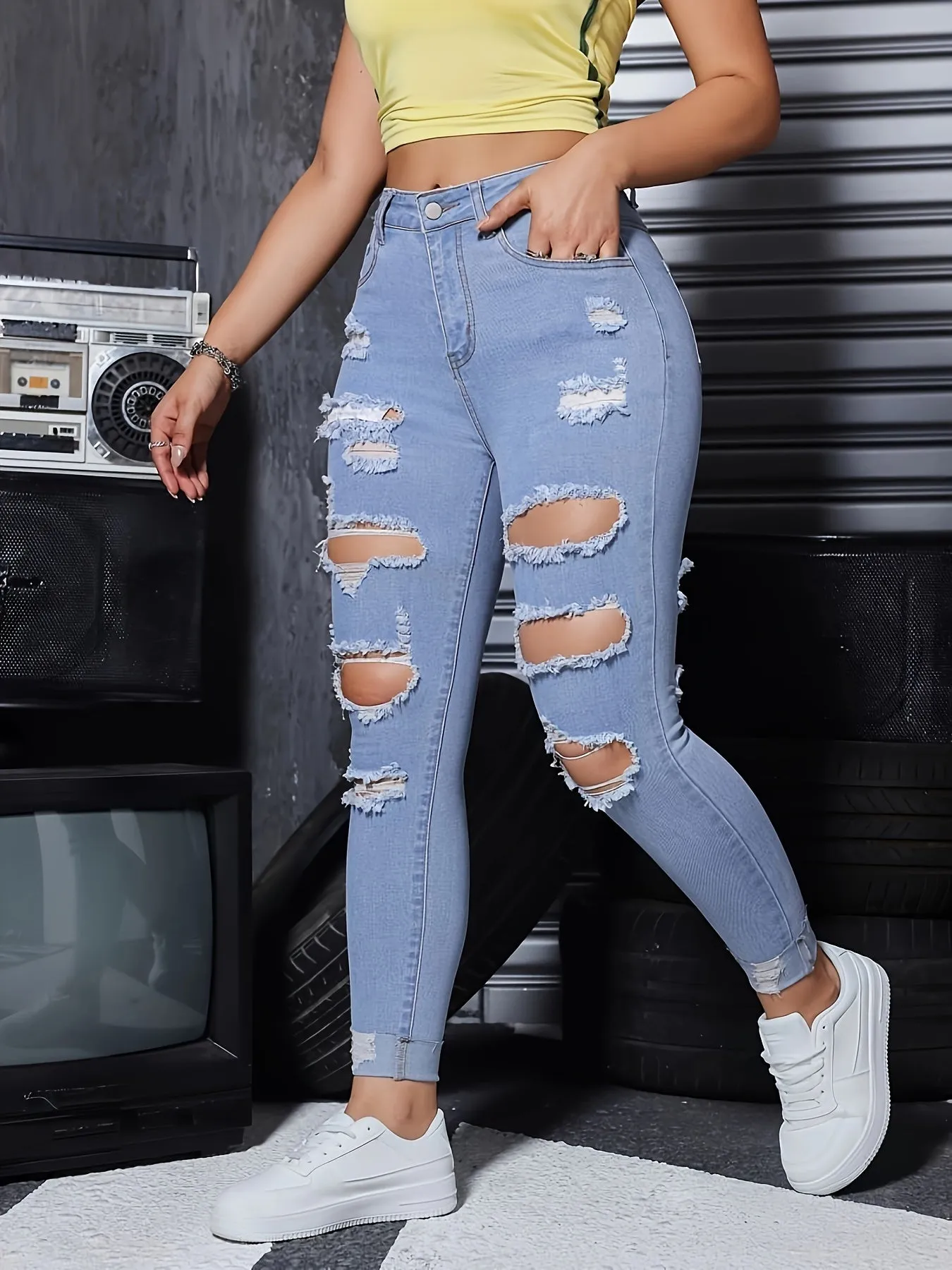 Ripped High Stretch Skinny Jeans, Whiskering Distressed Slash Pocket Denim Pants, Women's Denim Jeans & Clothing