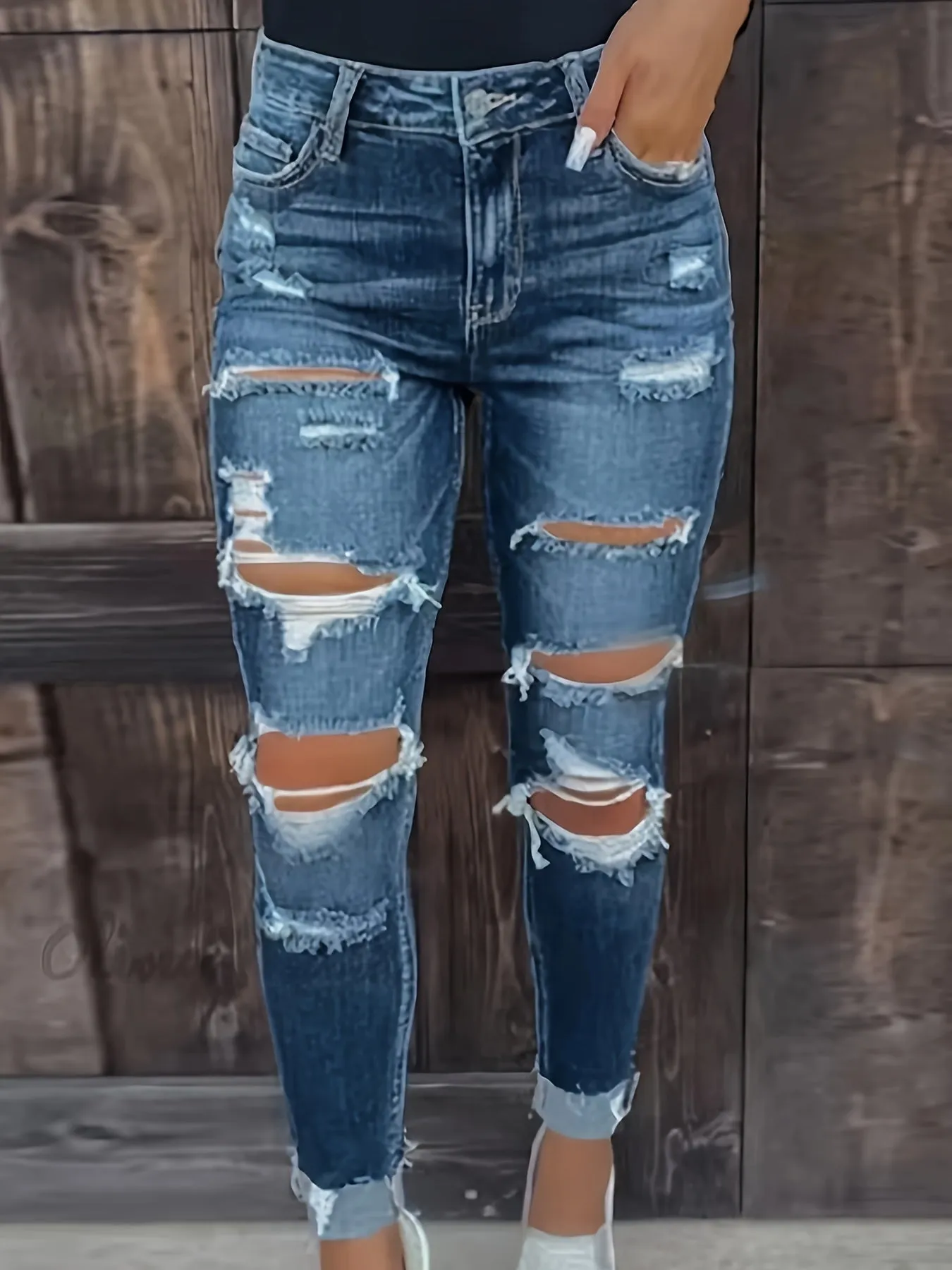 Ripped High Stretch Skinny Jeans, Whiskering Distressed Slash Pocket Denim Pants, Women's Denim Jeans & Clothing