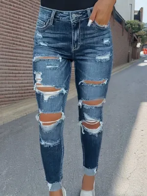 Ripped High Stretch Skinny Jeans, Whiskering Distressed Slash Pocket Denim Pants, Women's Denim Jeans & Clothing