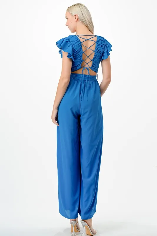 Royal Blue Lace Up Back Tie Jumpsuit