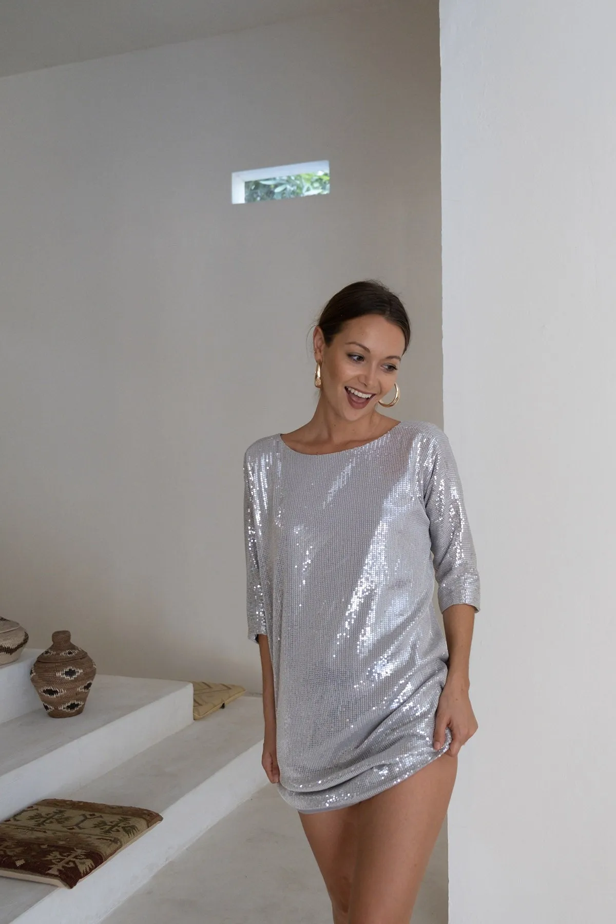 SEQUIN SHIFT KNEE LENGTH SILVER