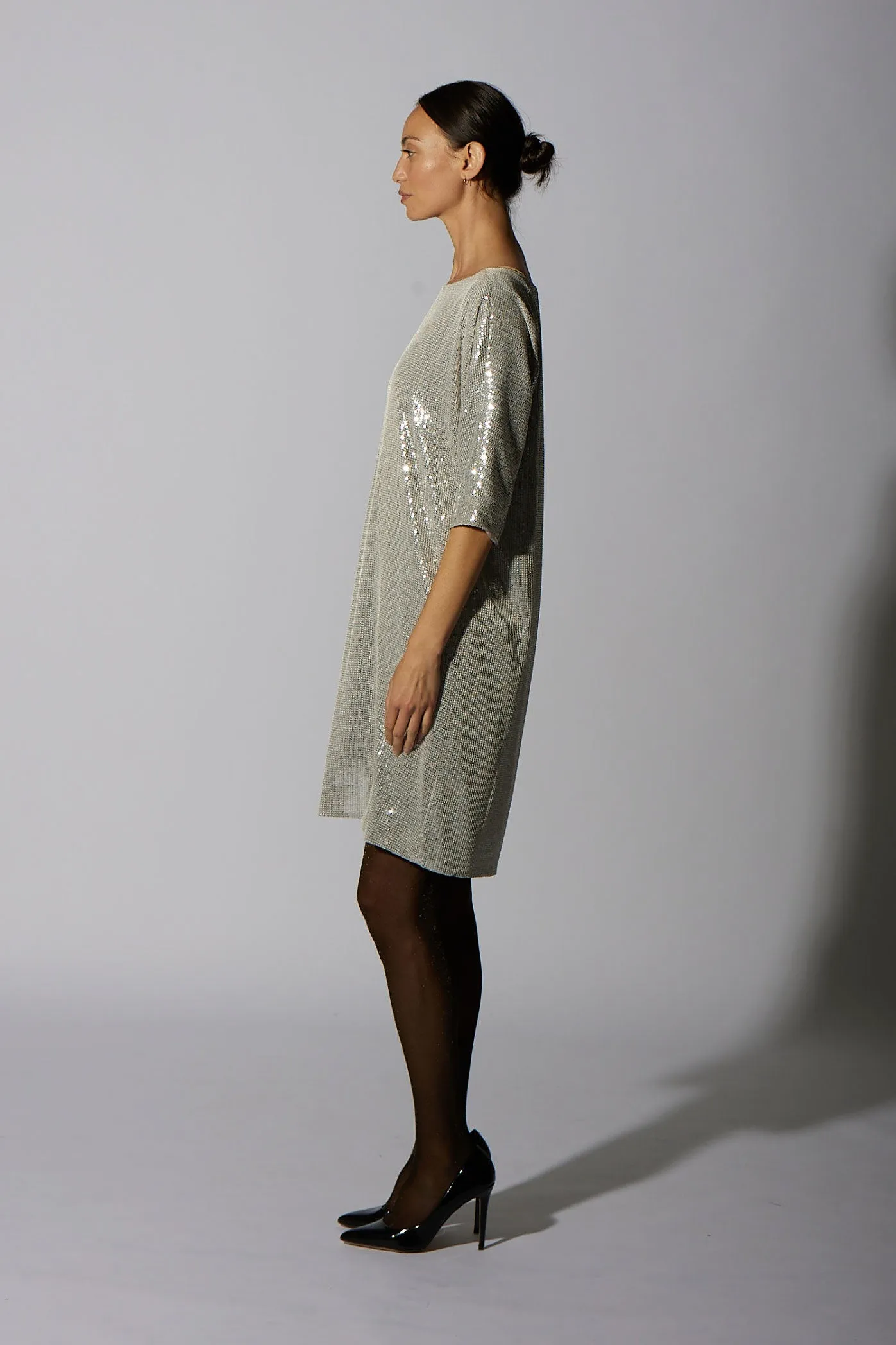 SEQUIN SHIFT KNEE LENGTH SILVER