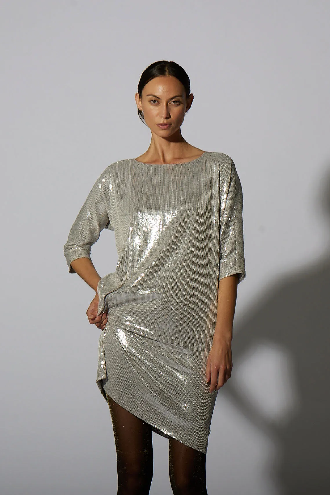 SEQUIN SHIFT KNEE LENGTH SILVER