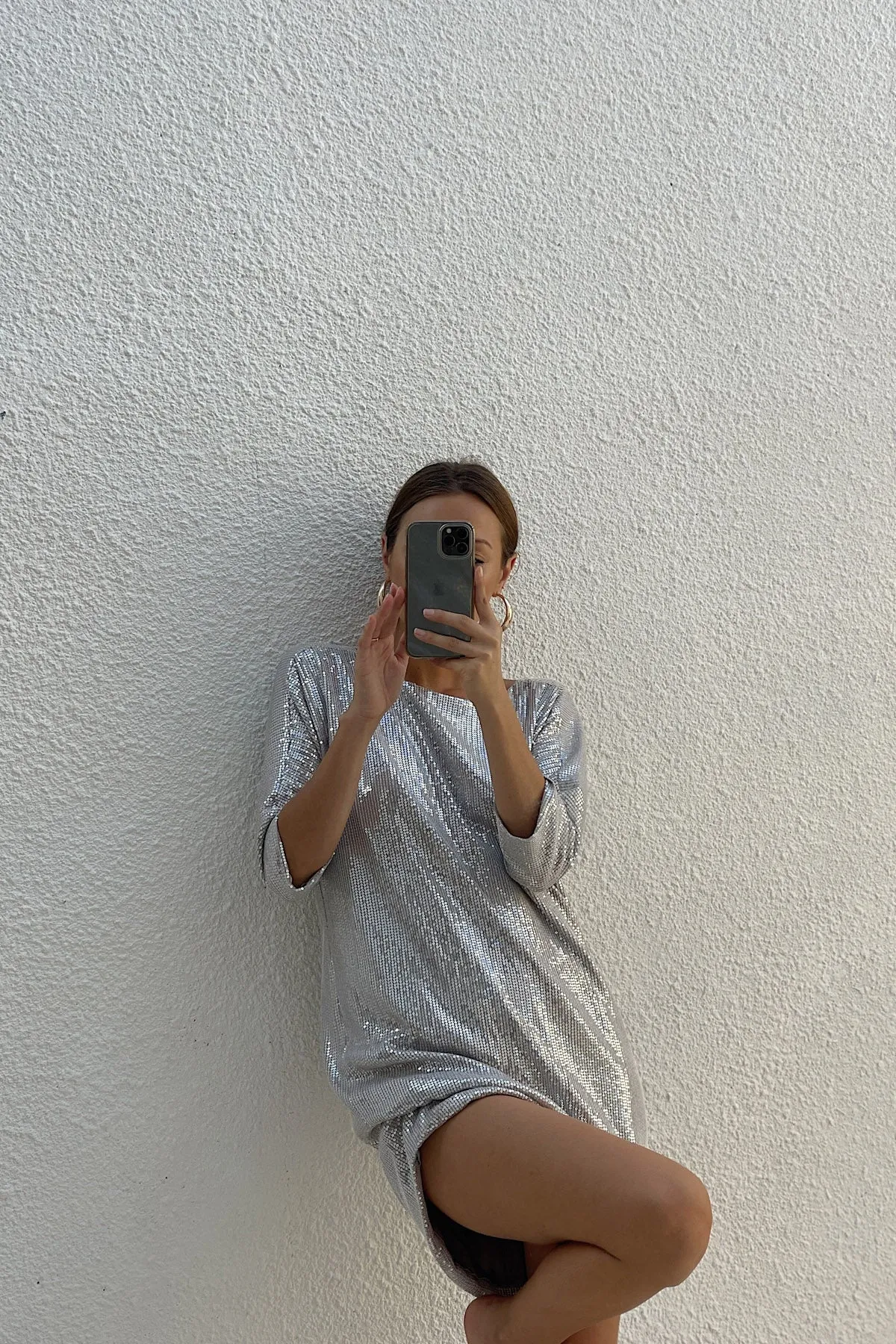 SEQUIN SHIFT KNEE LENGTH SILVER