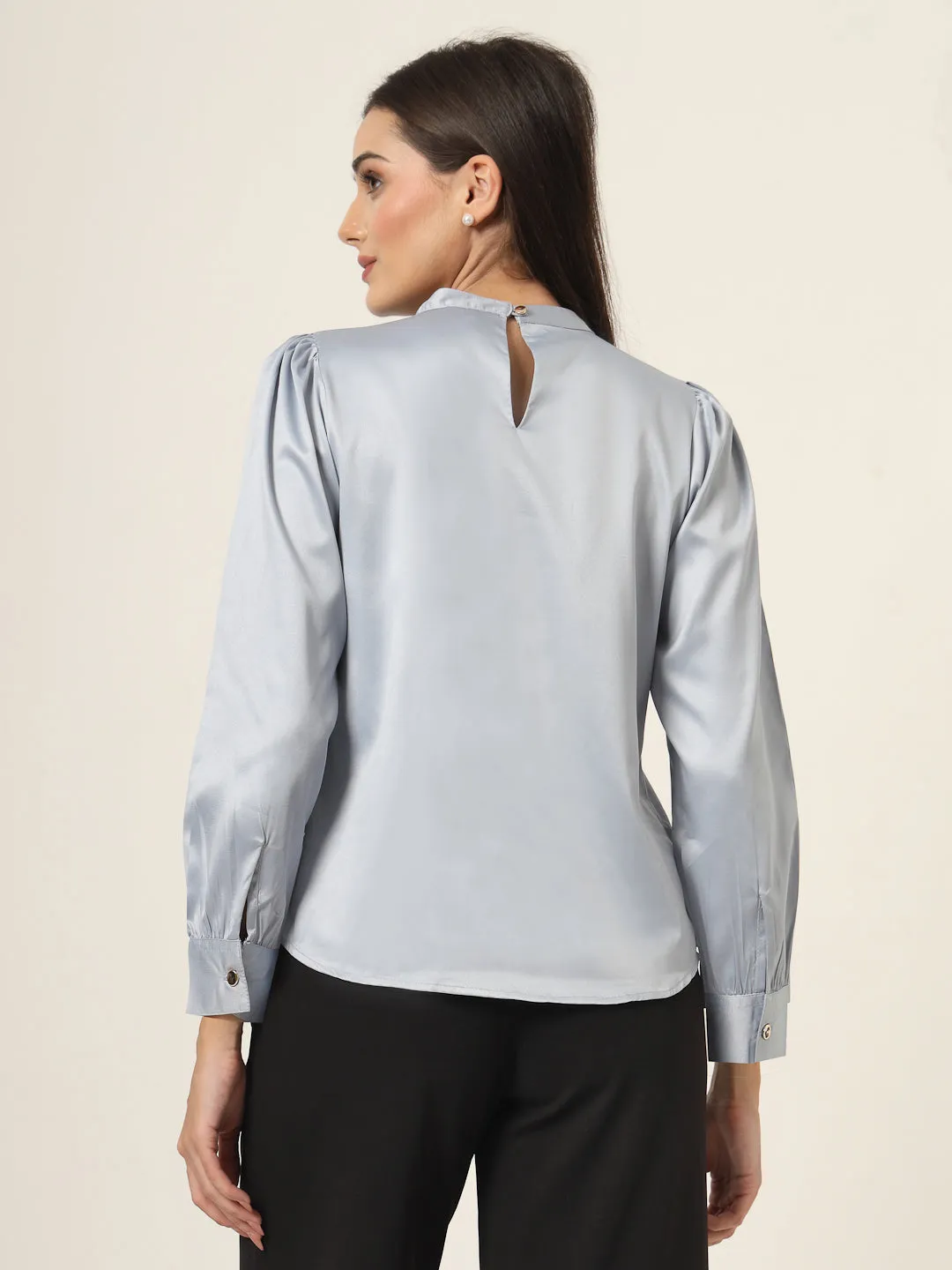 Style Quotient Women Solid Powder Blue Satin Regular Party Top