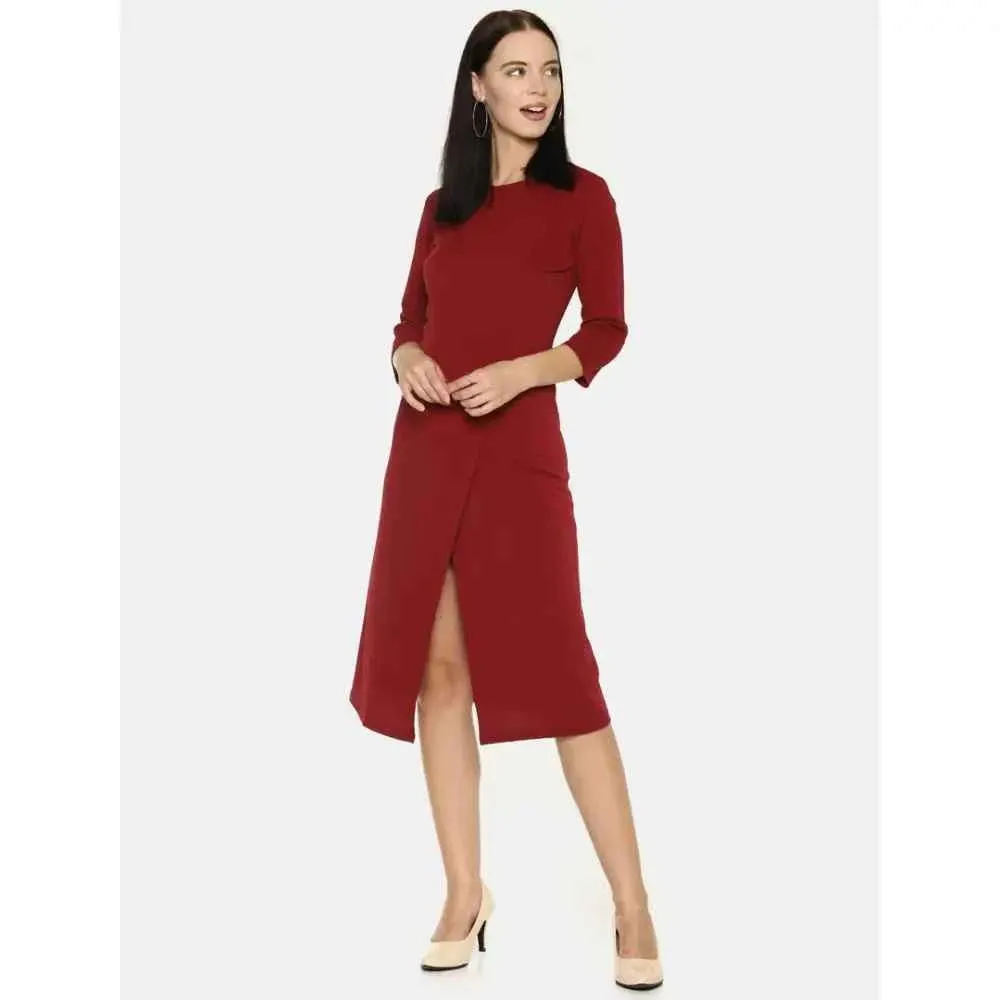Stylish Polyester Maroon Solid Front Slit Simple Flare Dress