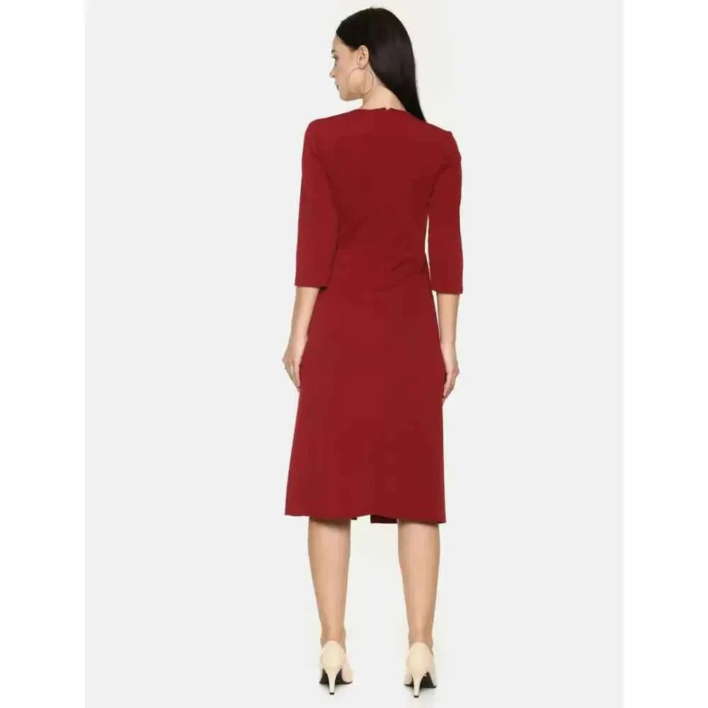 Stylish Polyester Maroon Solid Front Slit Simple Flare Dress