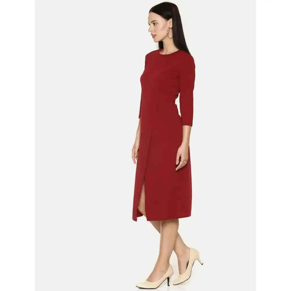Stylish Polyester Maroon Solid Front Slit Simple Flare Dress