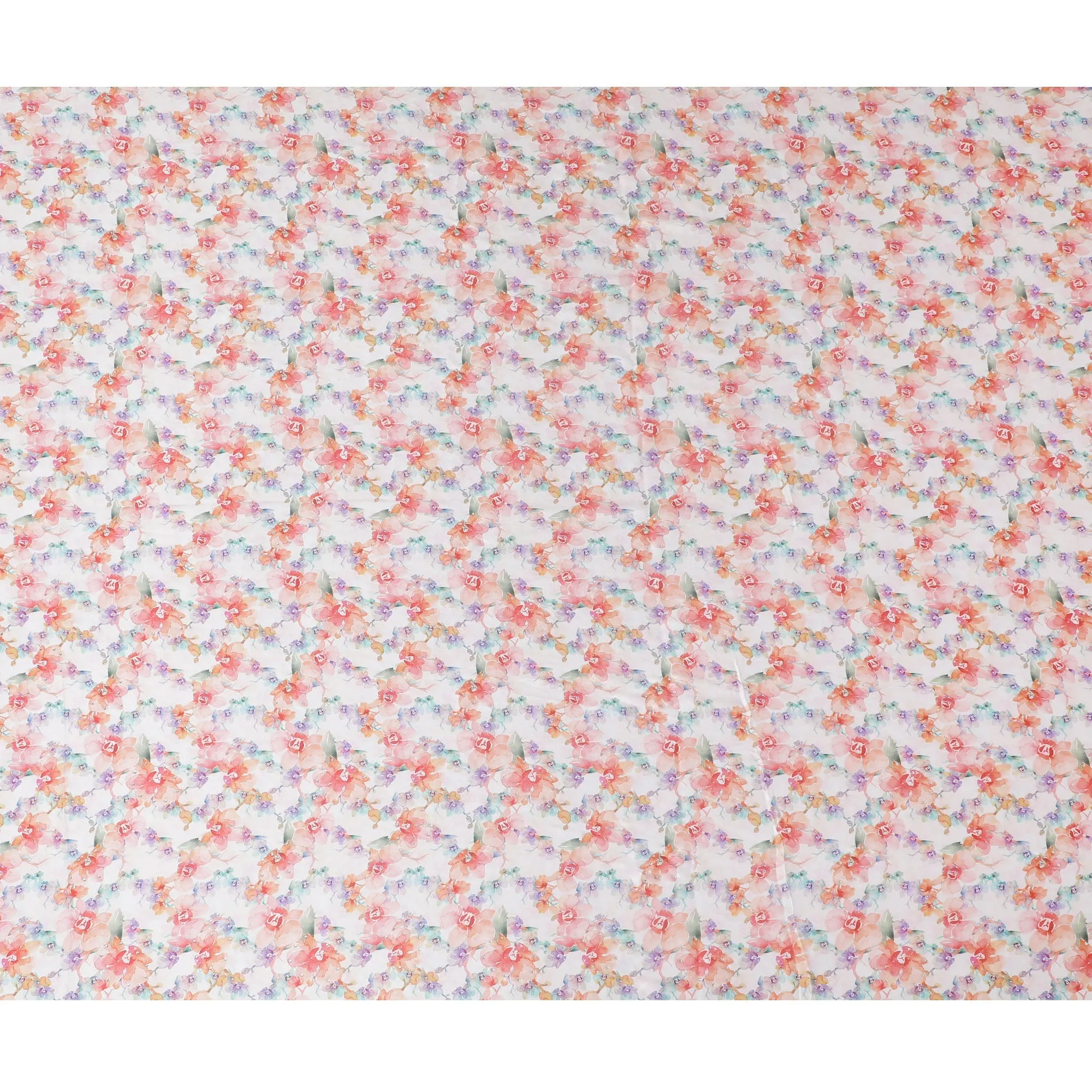 Synthetic Modal Satin Fabric with Stone Work, Floral Watercolor Design, Multicolor, 110 cm Width-20028