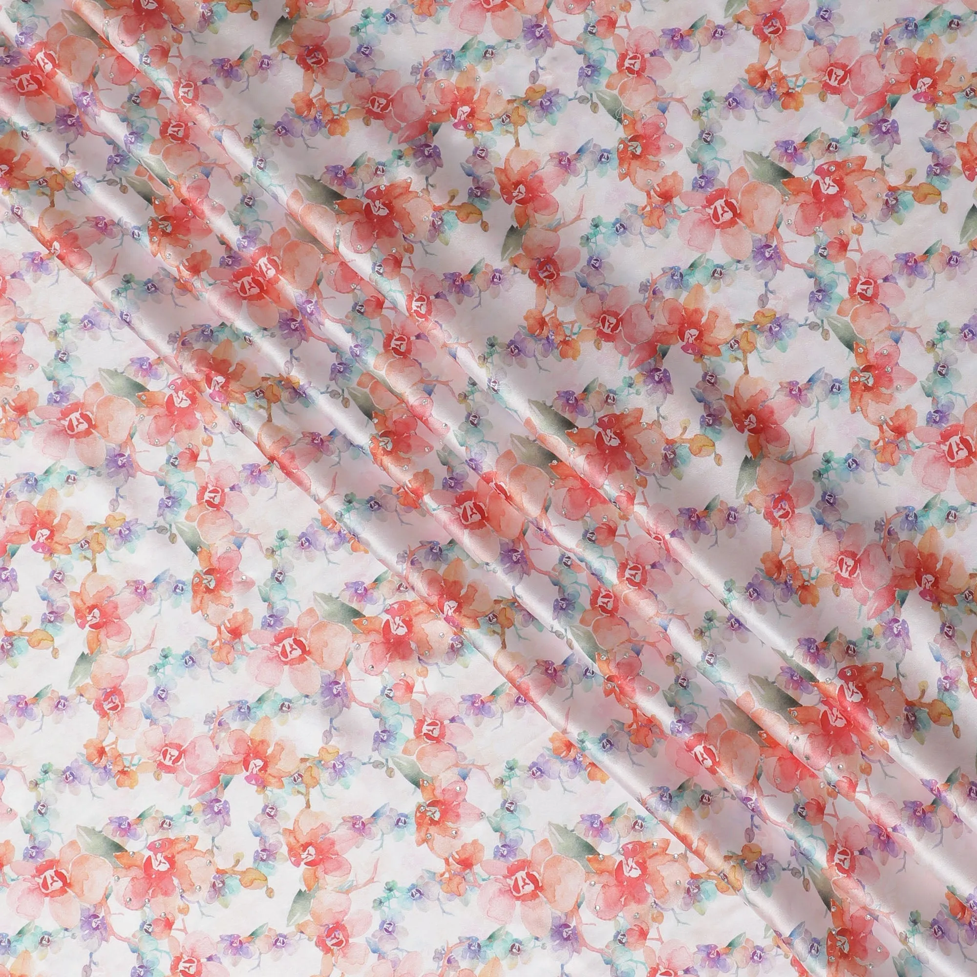 Synthetic Modal Satin Fabric with Stone Work, Floral Watercolor Design, Multicolor, 110 cm Width-20028