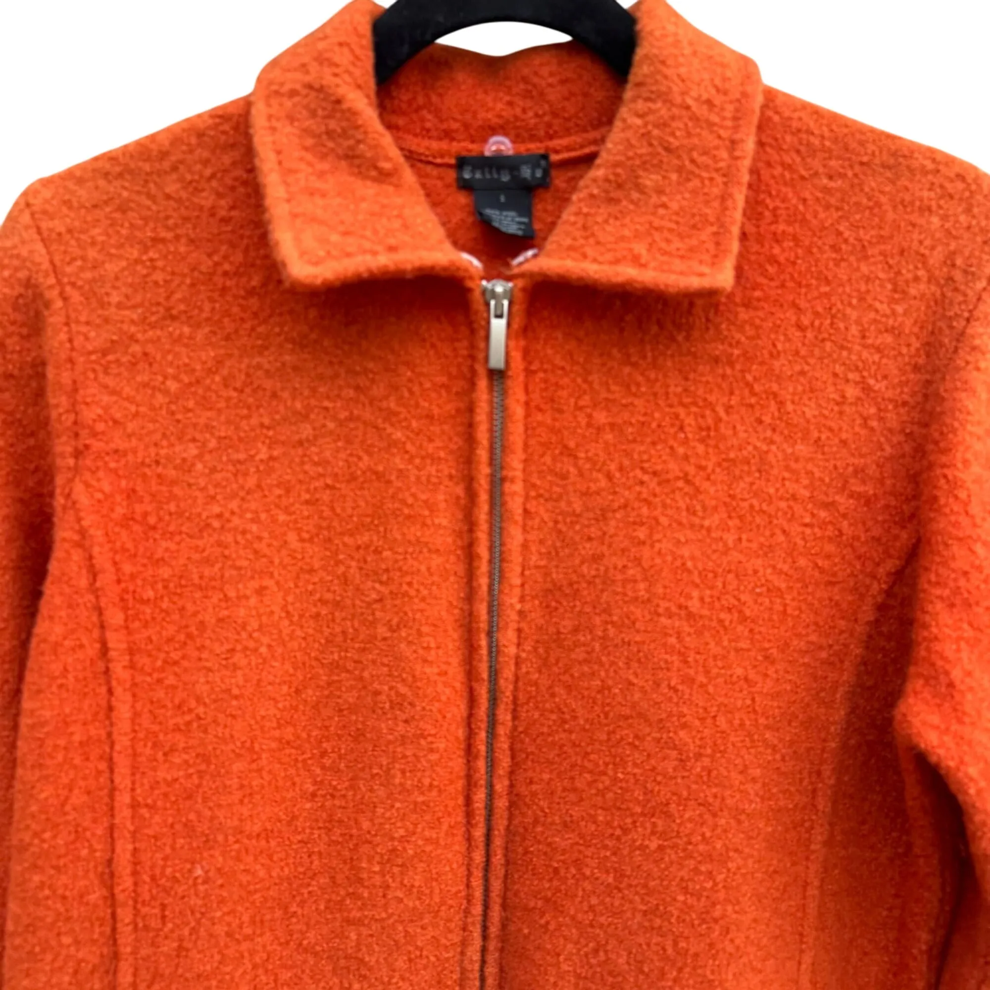 Tally Ho Vintage Womens Orange Boiled Wool Zip-Up Polo Collar Cardigan Jacket S