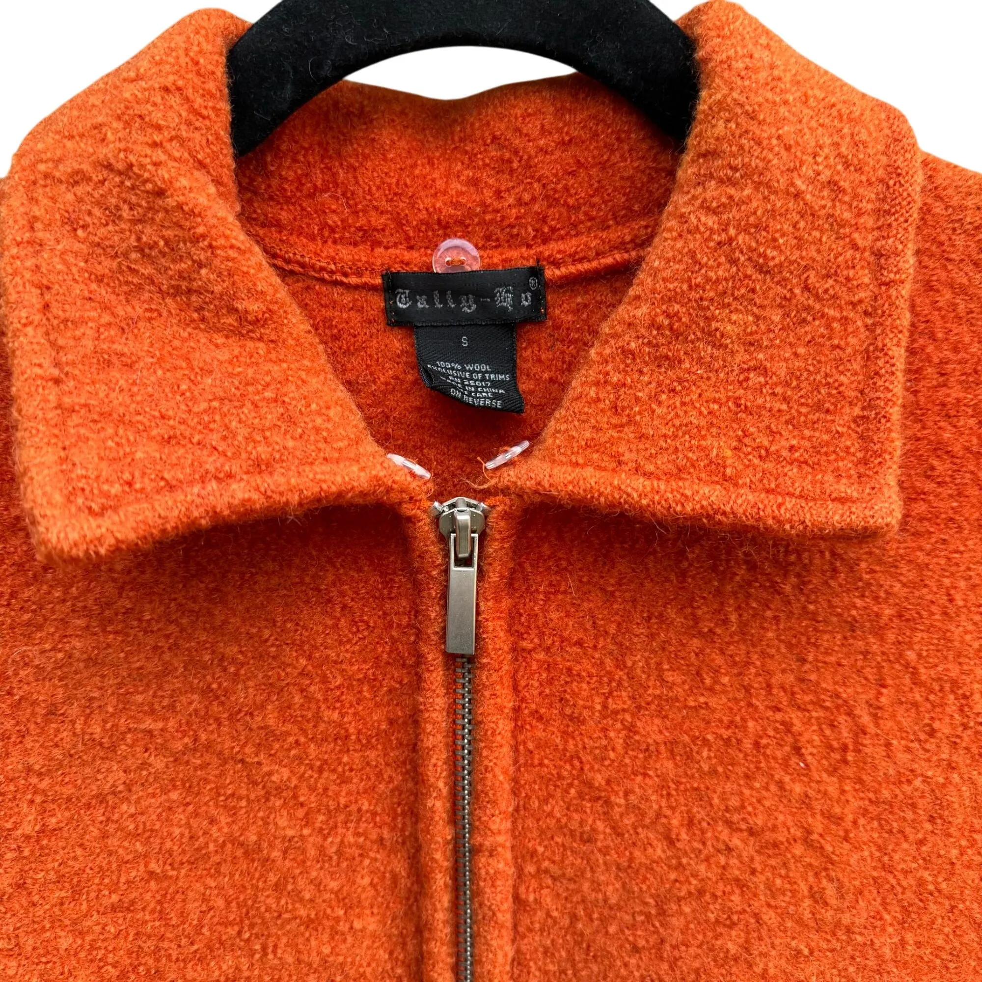 Tally Ho Vintage Womens Orange Boiled Wool Zip-Up Polo Collar Cardigan Jacket S