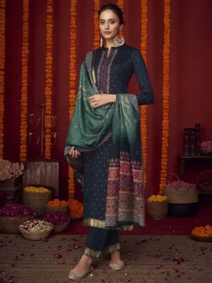Unstitched Embroidered Cotton Satin Blue Suit Material with Lawn Dupatta