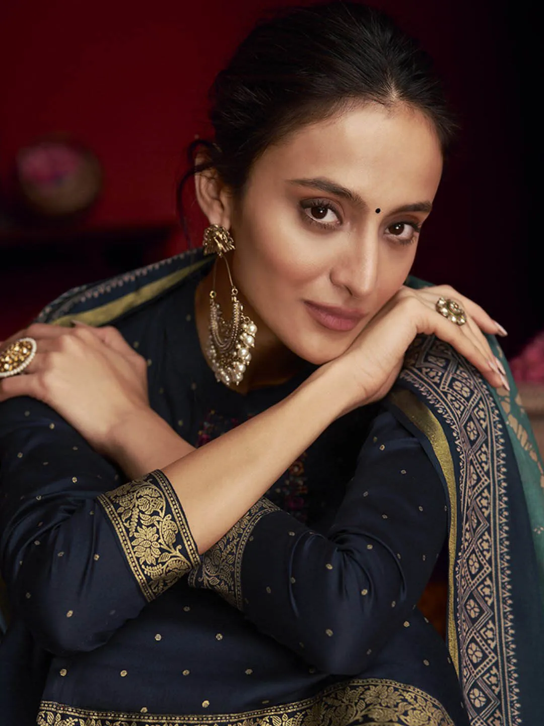 Unstitched Embroidered Cotton Satin Blue Suit Material with Lawn Dupatta