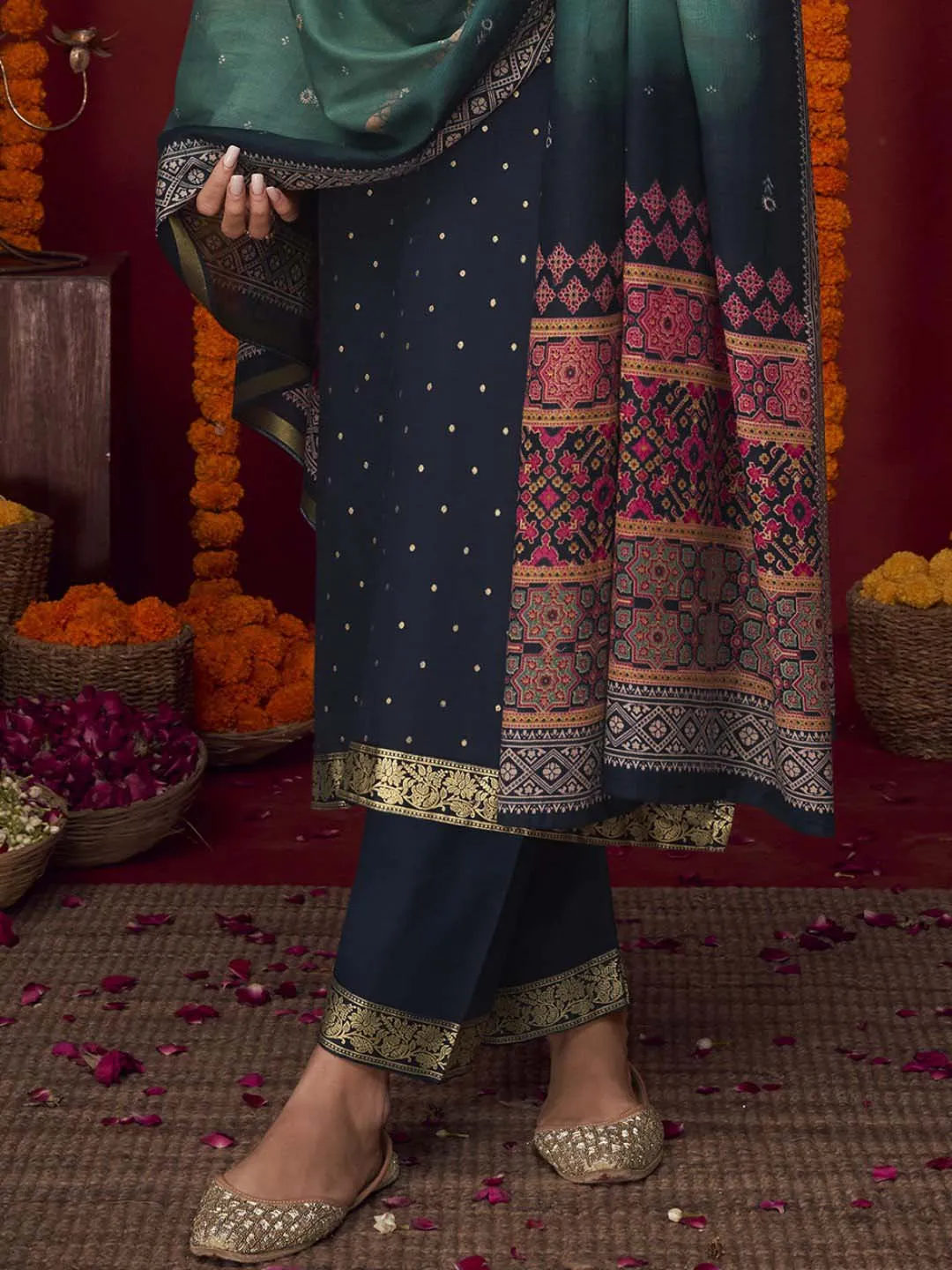 Unstitched Embroidered Cotton Satin Blue Suit Material with Lawn Dupatta
